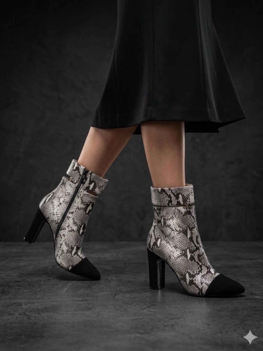 42 GOLD Kiki Snake-Print Ankle Boot with Black Suede Pointed Toe & Heel-Size 7.5